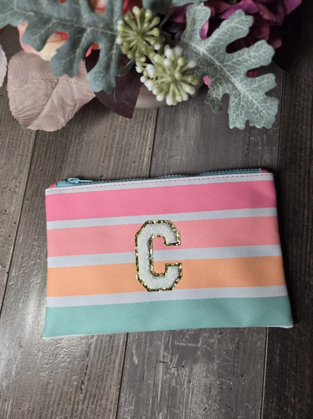 Nylon Striped Cosmetic Bag with C Patch